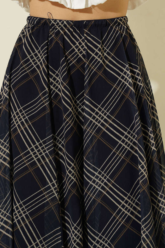 Bel Lastikli Şifon Midi Etek Lacivert