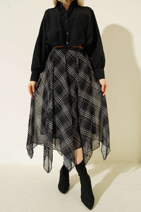 Bel Lastikli Şifon Midi Etek Siyah