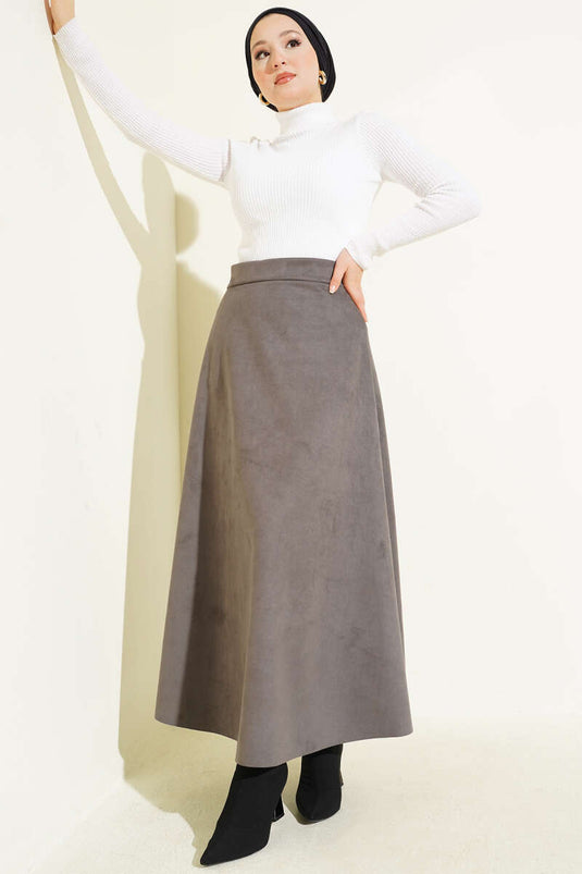 Suede Skirt with Elastic Waistband, Smoke Grey
