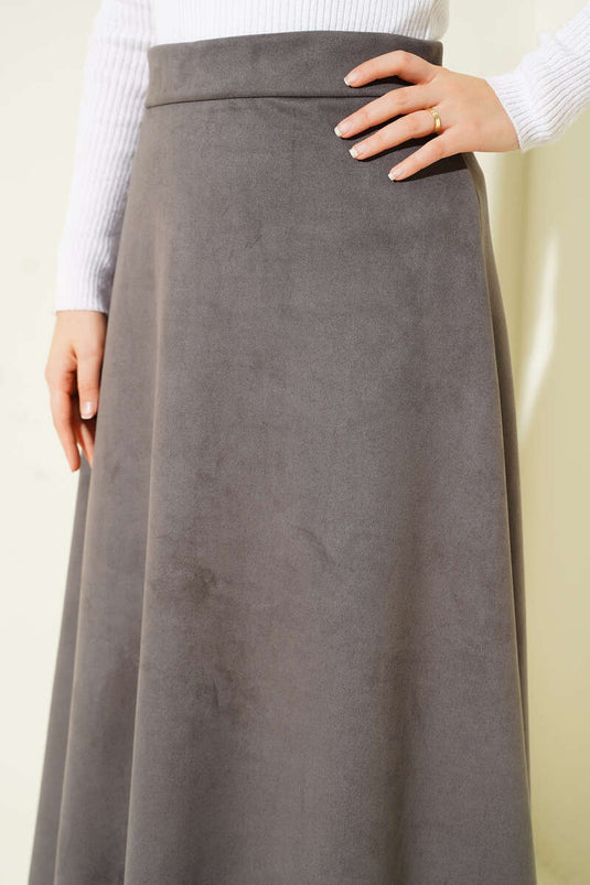 تنورة من جلد الغزال بحزام خصر مطاطي، لون رمادي دخاني