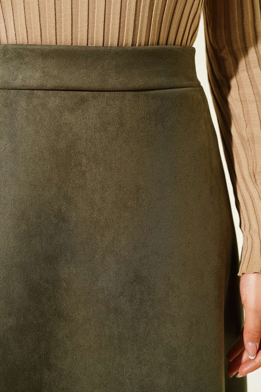 Jupe En Daim Ceinturée Kaki