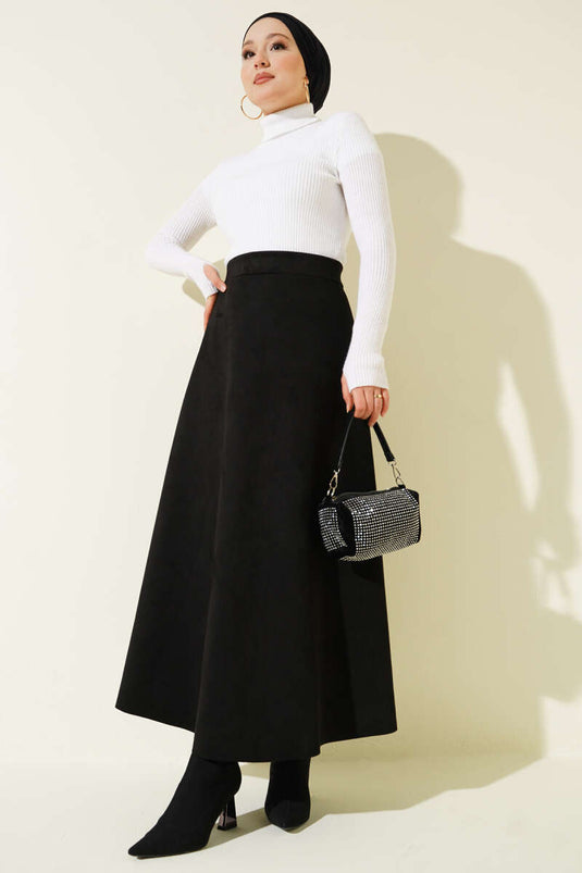 Elastic Waist Suede Skirt Black