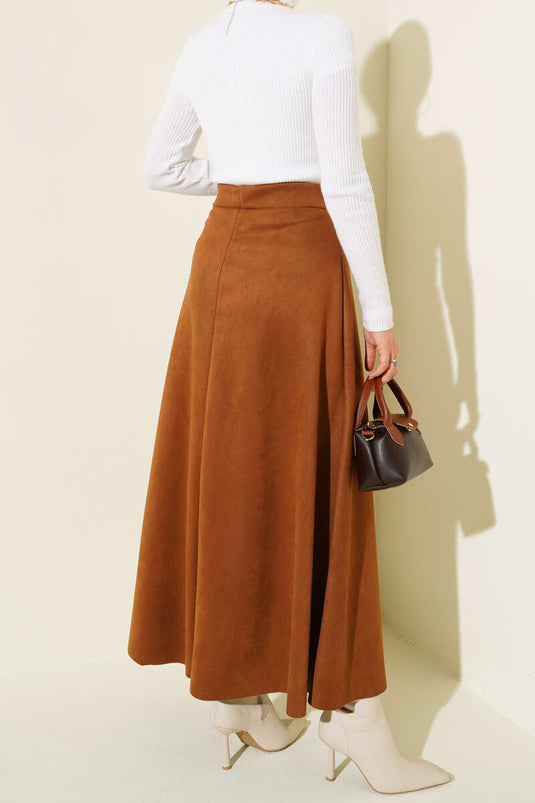 Camel Suède Rok Met Elastische Taille