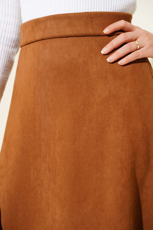 Camel Suède Rok Met Elastische Taille