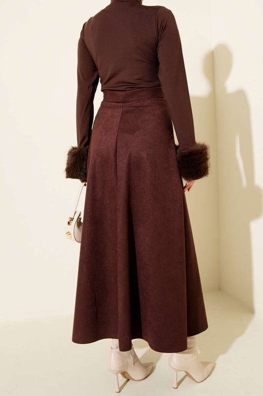 Jupe évasée en suède à ceinture élastique marron foncé