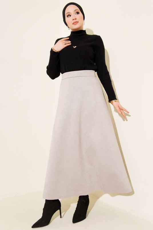 Jupe évasée en daim avec taille élastiquée, grise