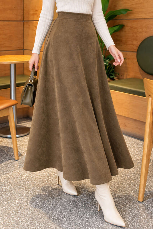 Jupe Évasée En Daim Avec Ceinture Kaki