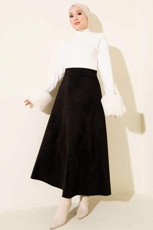 Jupe évasée en daim avec taille élastiquée, noire
