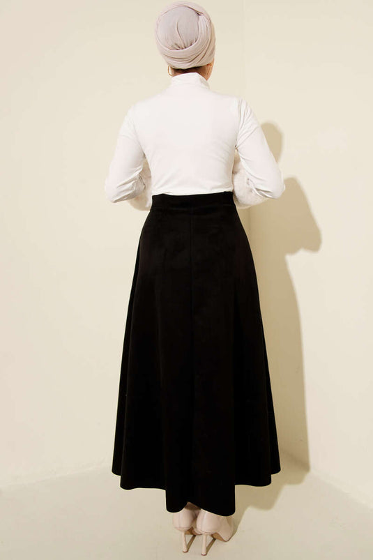 Jupe évasée en daim avec taille élastiquée, noire