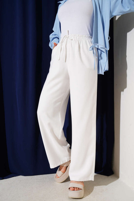 Pantalones de tencel con cintura elástica, color blanco