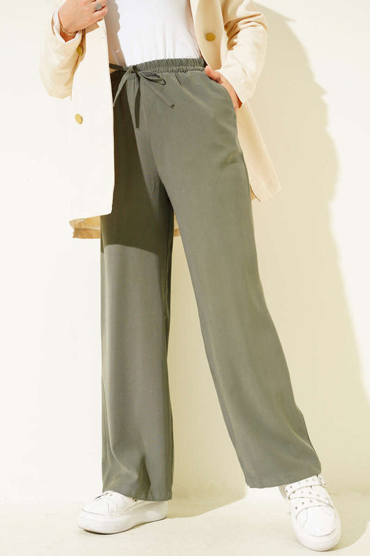 بنطال من قماش التنسل بحزام خصر مطاطي، لون كاكي