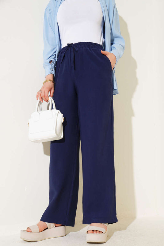 Pantalones de tencel con cintura elástica, azul marino