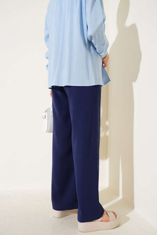 Pantalones de tencel con cintura elástica, azul marino