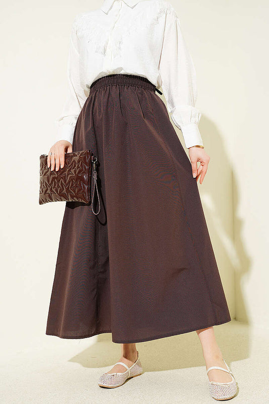 Terikoton Skirt with Elastic Waistband Dark Brown