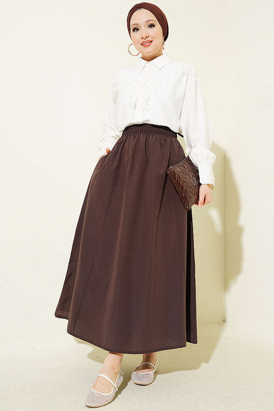 Terikoton Skirt with Elastic Waistband Dark Brown