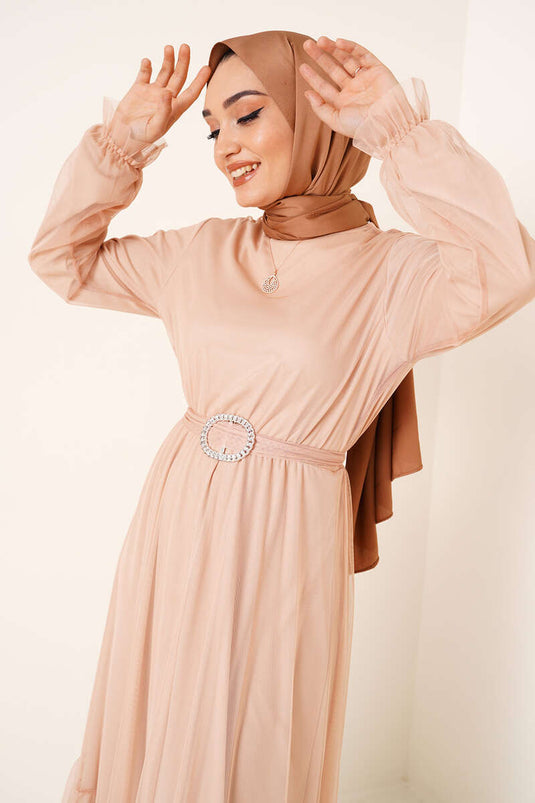 Robe En Tulle Taille Élastique Beige