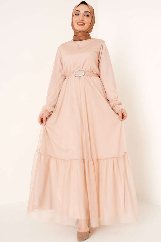 Robe En Tulle Taille Élastique Beige