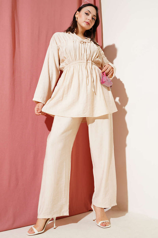 Elastic Waist Tunnel Two Piece Set Beige