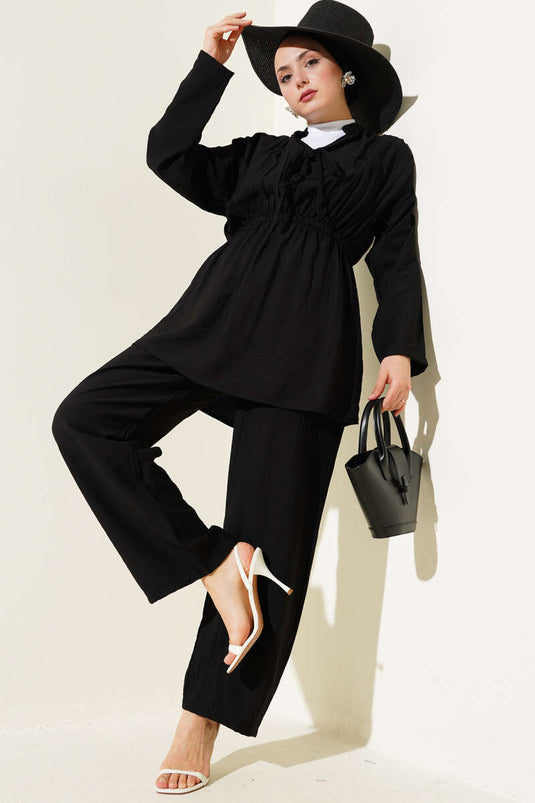 Zweiteiliges Set mit elastischem Bund und Tunnelzug, Schwarz