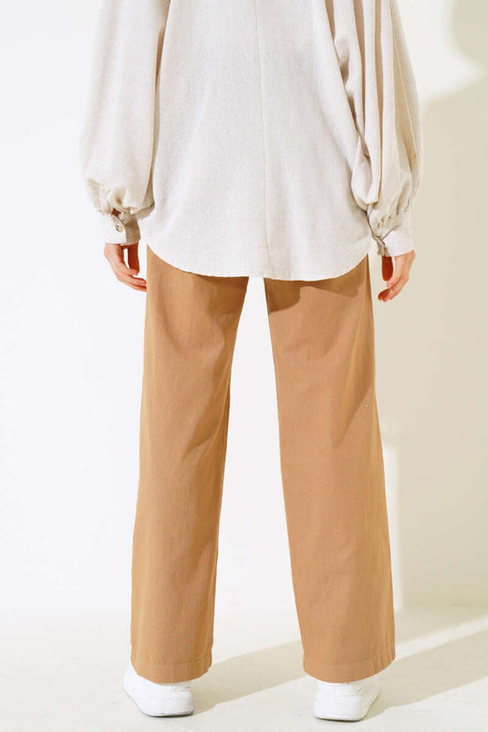 Pantalon long en lin moutarde à taille élastique