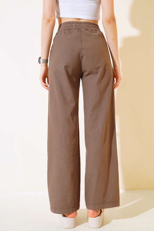 Pantalon Long en Lin à Taille Élastique Marron