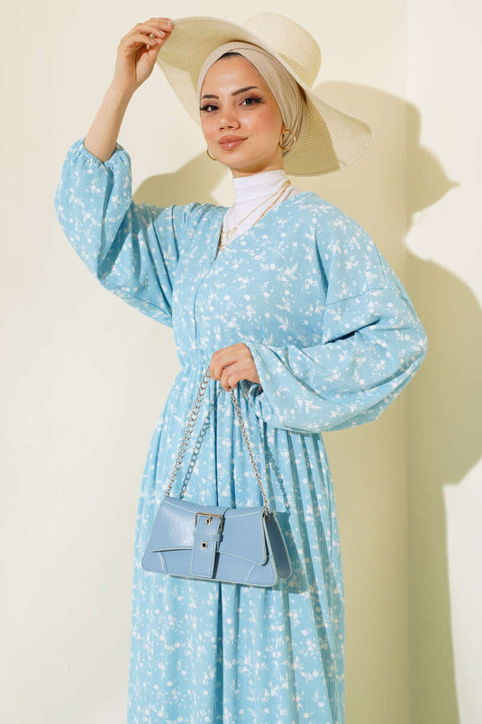 Robe Col V Taille Élastique Bleu