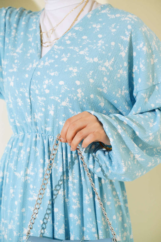 Robe Col V Taille Élastique Bleu