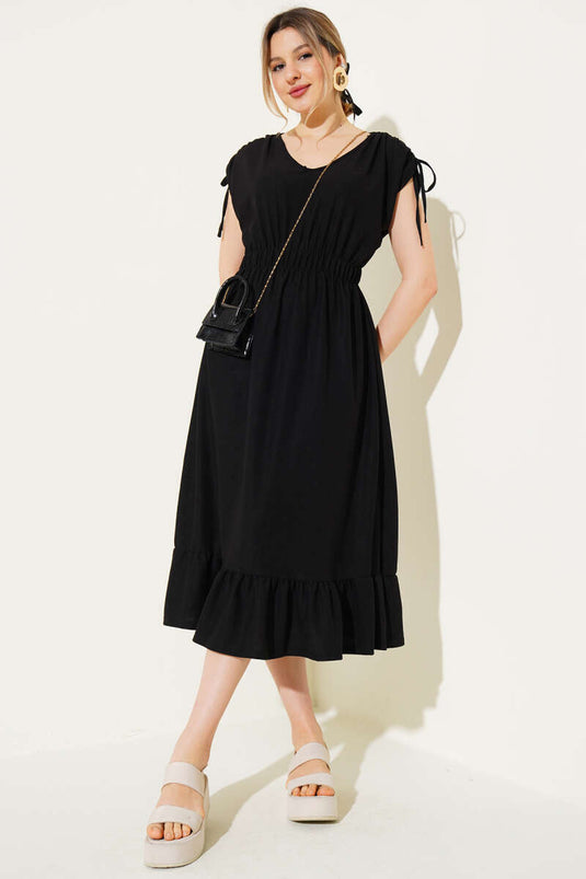 فستان ميدي برقبة على شكل حرف V وخصر مطاطي أسود