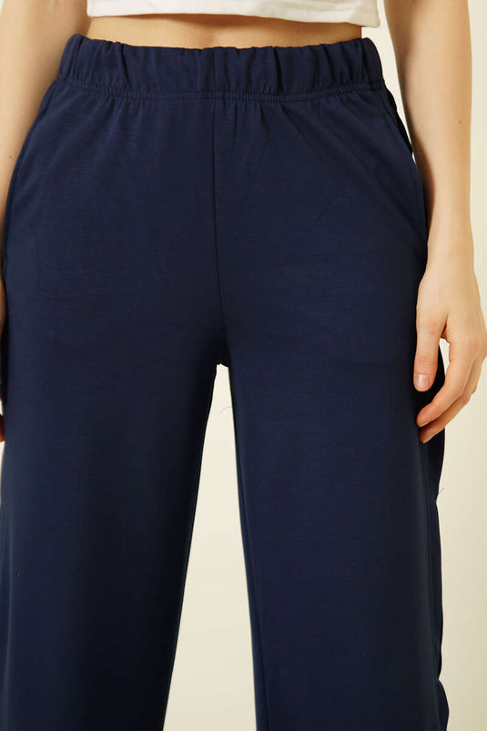 Navy Blau Elastische Seitendetails Lounge-Hose