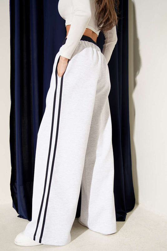 Bel Lastikli Yan Şerit Geniş Paça Pantolon Gri