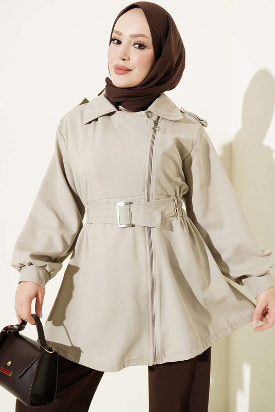 Chaqueta Beige Con Cremallera Lateral Y Cintura Elástica