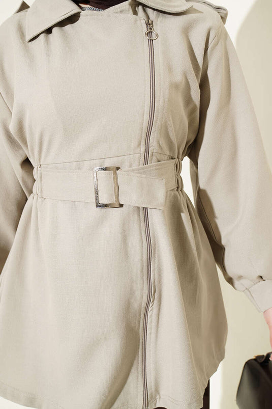 Chaqueta Beige Con Cremallera Lateral Y Cintura Elástica