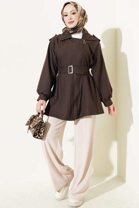 Brown Elasticated Side Zipper Jacket