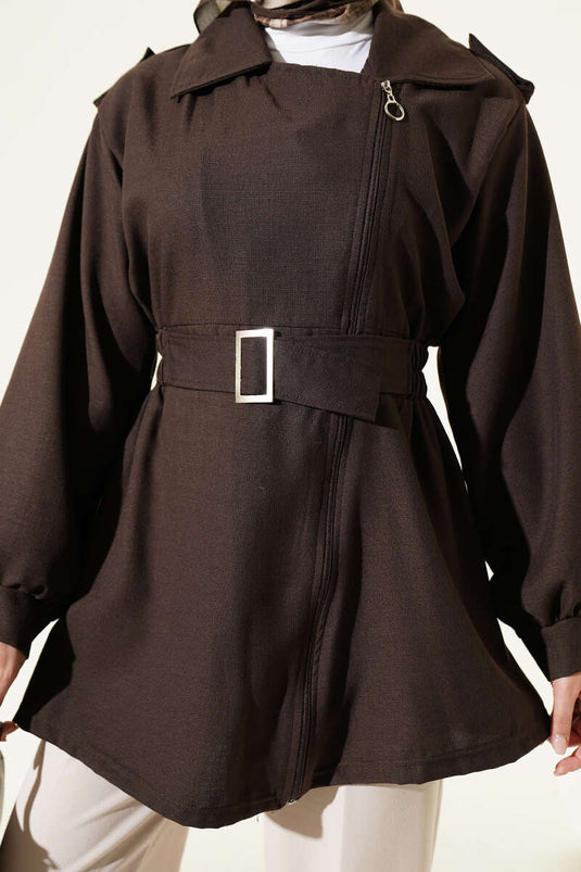 Brown Elasticated Side Zipper Jacket