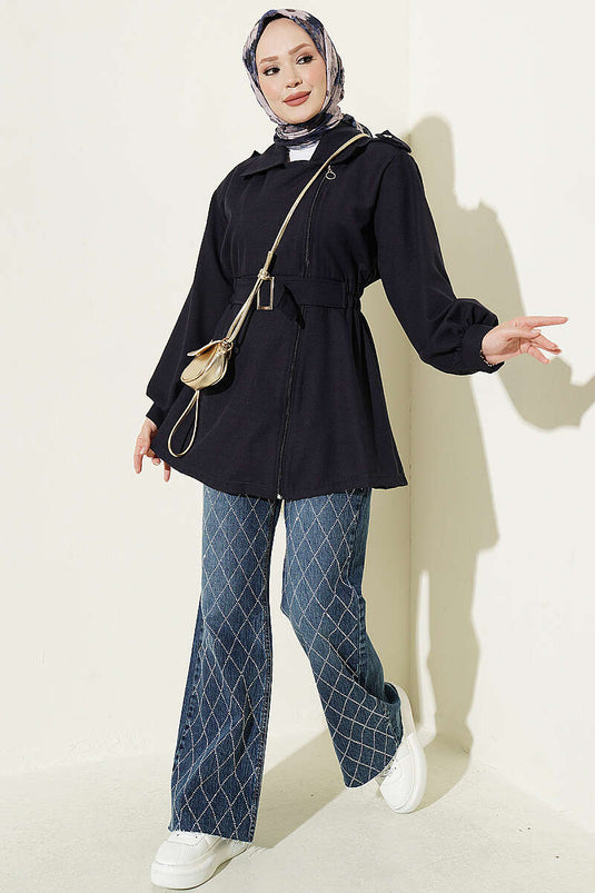 Chaqueta Azul Marino Elástica Con Cremallera Lateral