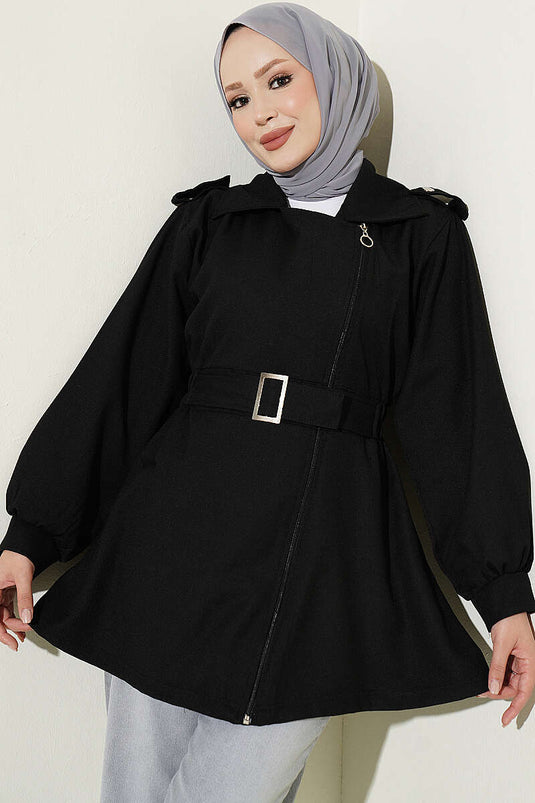 Veste Noire Élastiquée Avec Fermeture Éclair Latérale