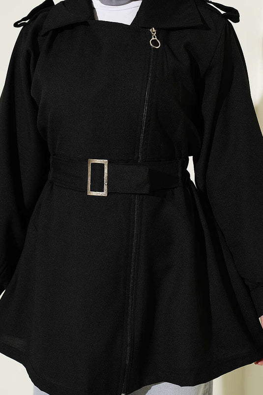 Veste Noire Élastiquée Avec Fermeture Éclair Latérale