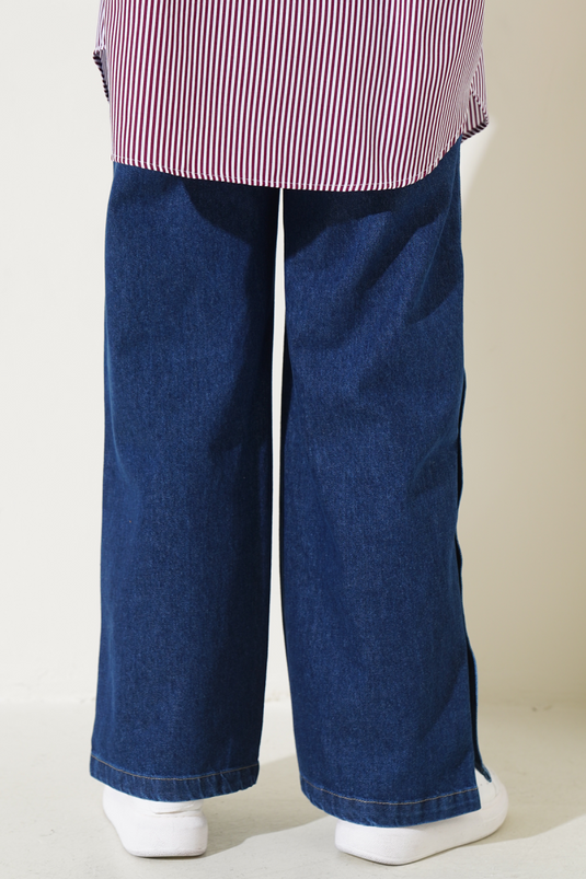 Bel Elasticated Sides Snap Button Denim Pants Dark Blue