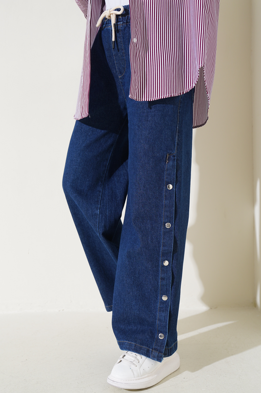 Bel Elasticated Sides Snap Button Denim Pants Dark Blue