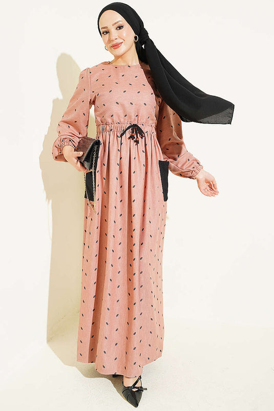 Bel Lastikli Yaprak Desenli Elbise Camel