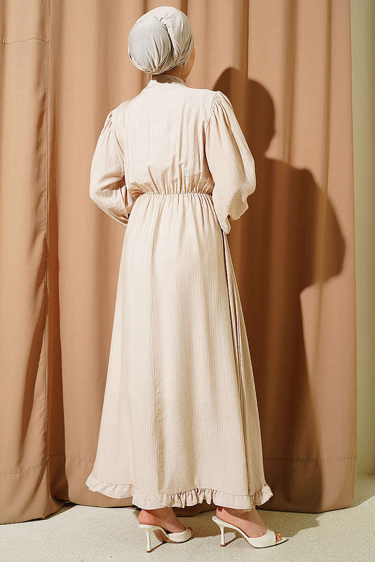 Beige Half-Brit Buttoned Dress with Waist Elastic