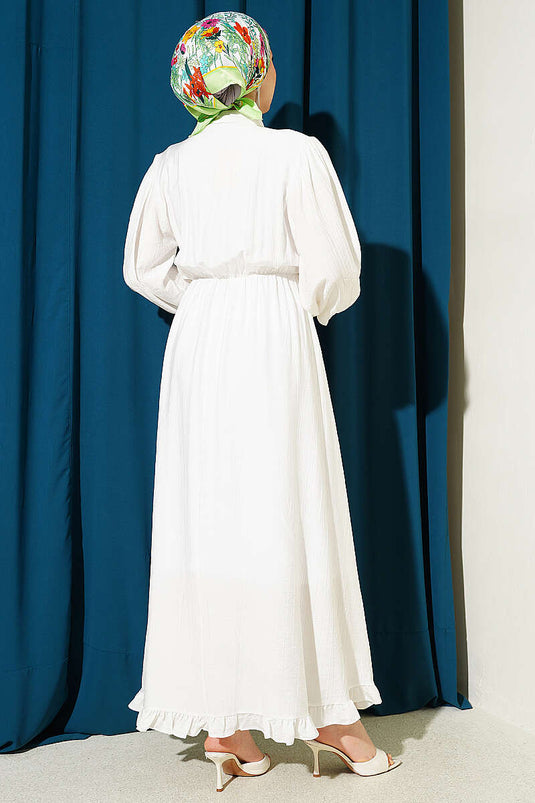 White Dress with Half Button and Waist Elastic