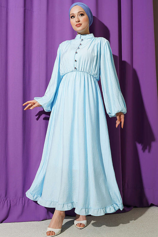 Kleid mit halbem Kragen, Knöpfen und Gummizug, Blau