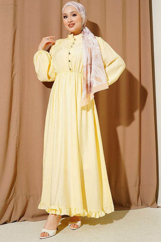 Kleid mit halber Knopfleiste und elastischem Bund, Gelb