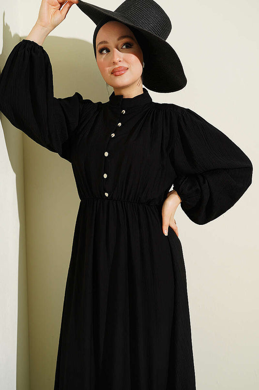Black Half-Brit Buttoned Dress with Elastic Waist