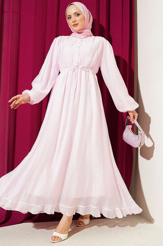 Bel Lastikli Yarım Düğmeli Elbise Pembe