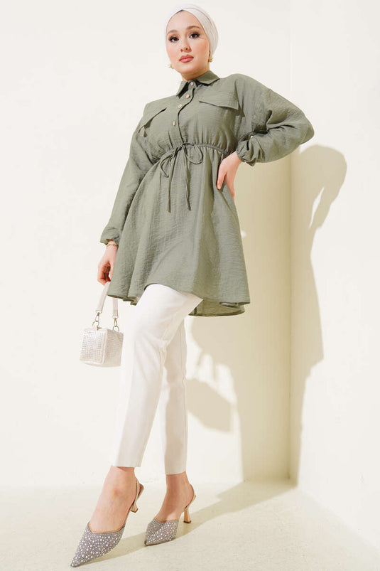 Bel Elastic Half Stone Button Tunic Mint Green