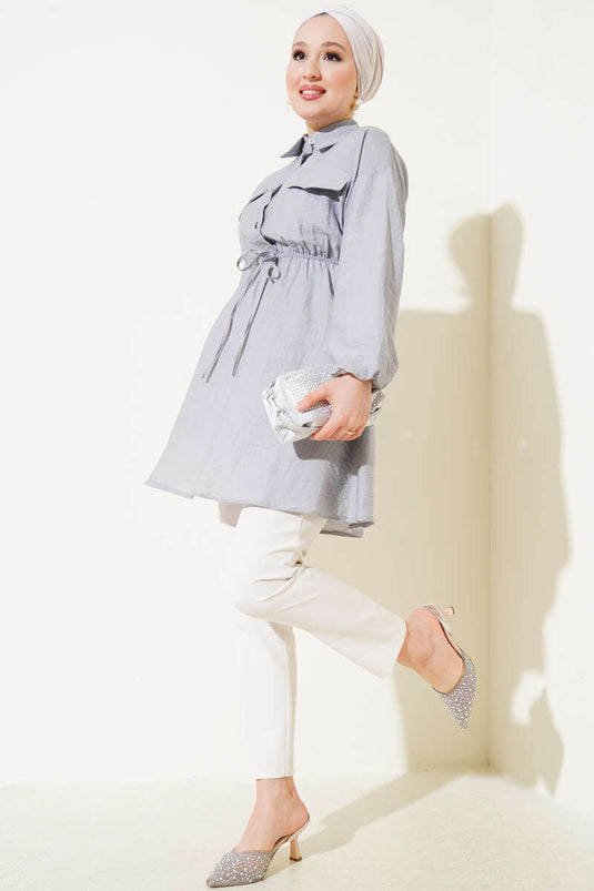 Belted Half Stone Button Tunic Gray