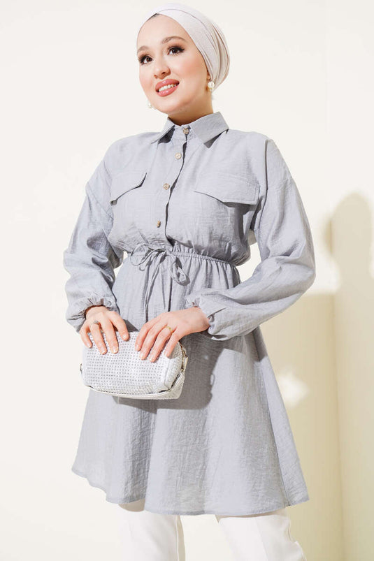 Belted Half Stone Button Tunic Gray