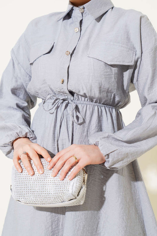 Belted Half Stone Button Tunic Gray